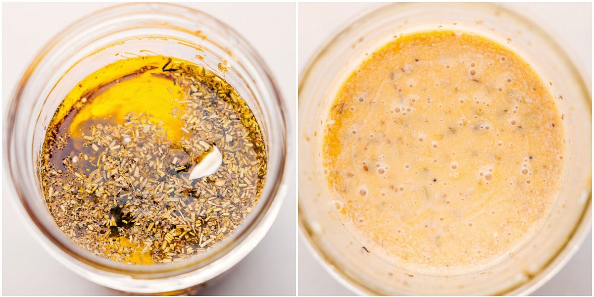 The salad dressing mixed together in a mason jar.