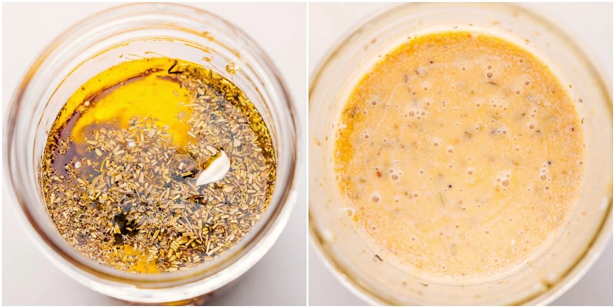 All the dressing ingredients combined in a mason jar for the Italian Pasta Salad recipe.