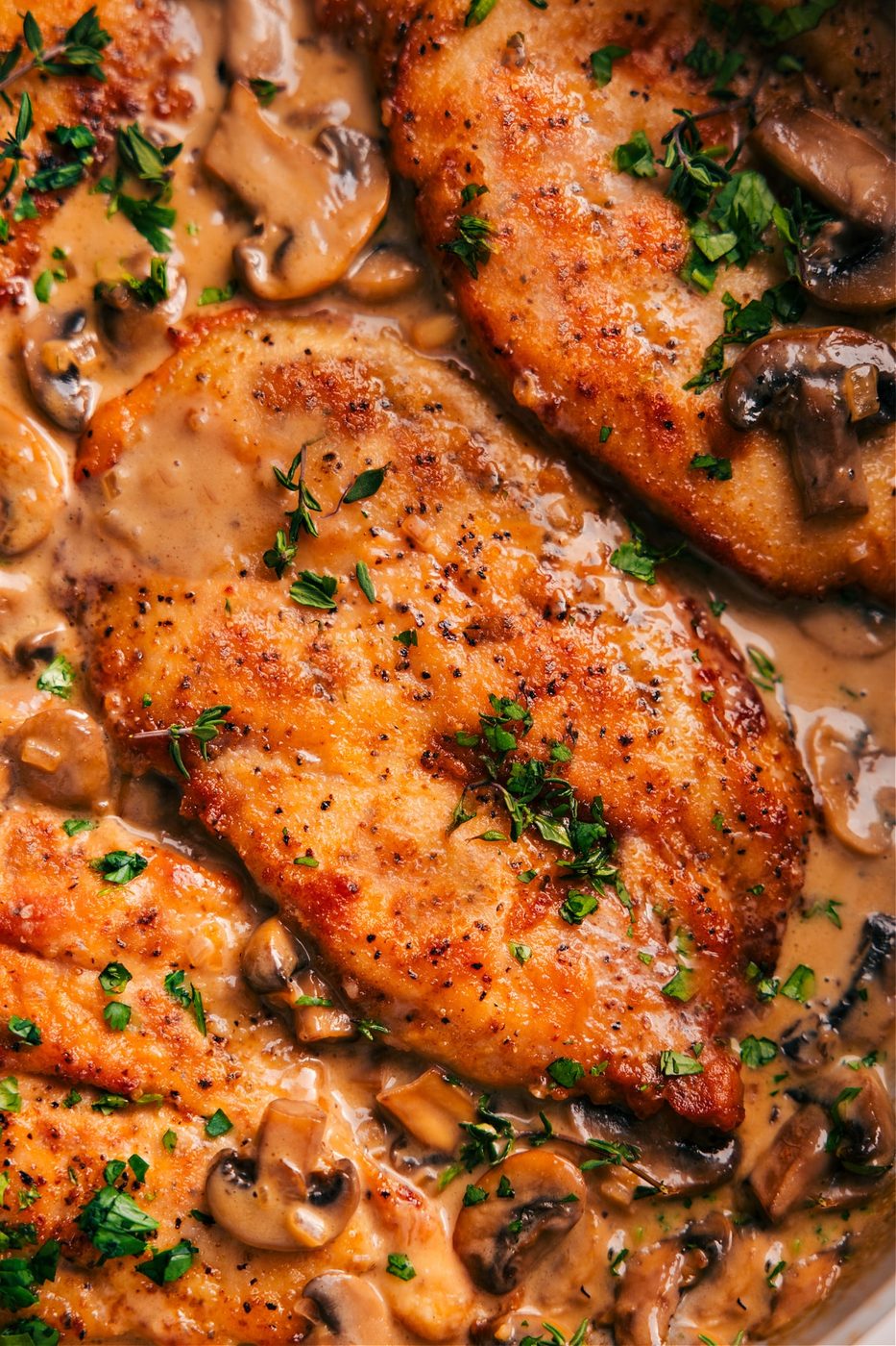Chicken Marsala topped with fresh herbs.