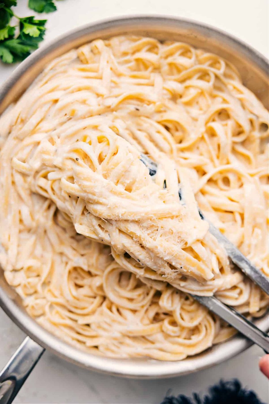 Creamy fettuccine Alfredo with pasta and rich Alfredo sauce.