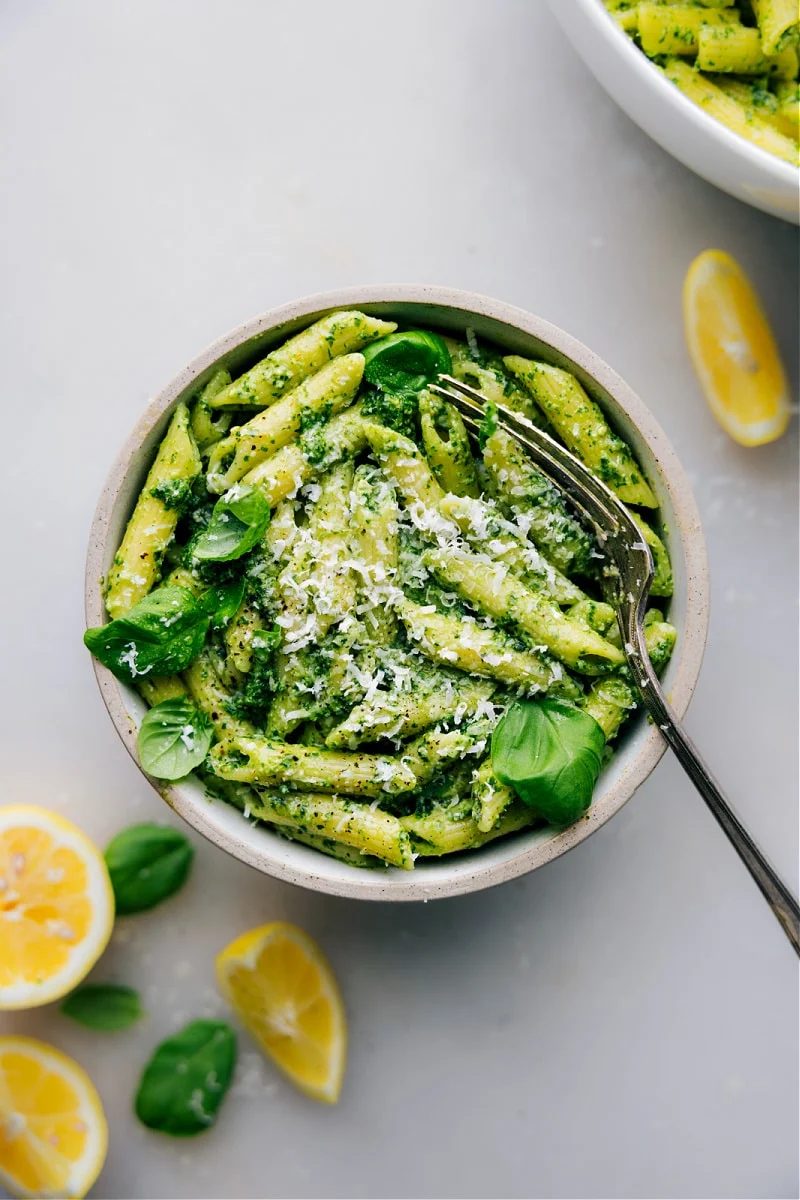 20 minute pesto pasta recipe in a bowl.
