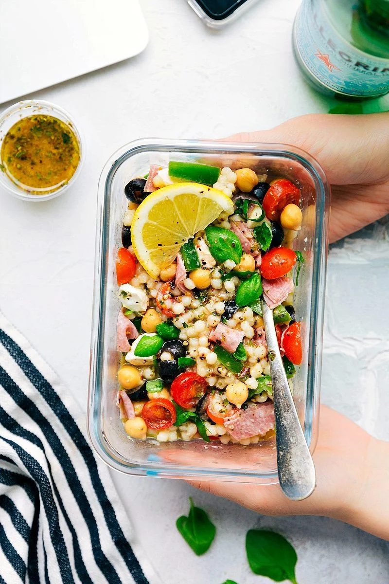Couscous salad with fresh vegetables, herbs, and a simple dressing.
