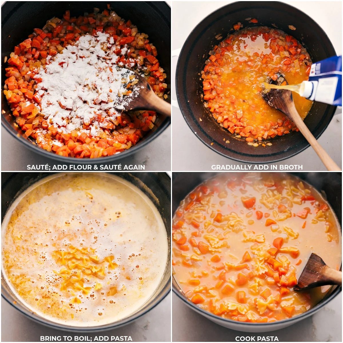 Flour, broth, and pasta being added to the pot and it all being cooked together for this Italian Sausage Pasta Soup.