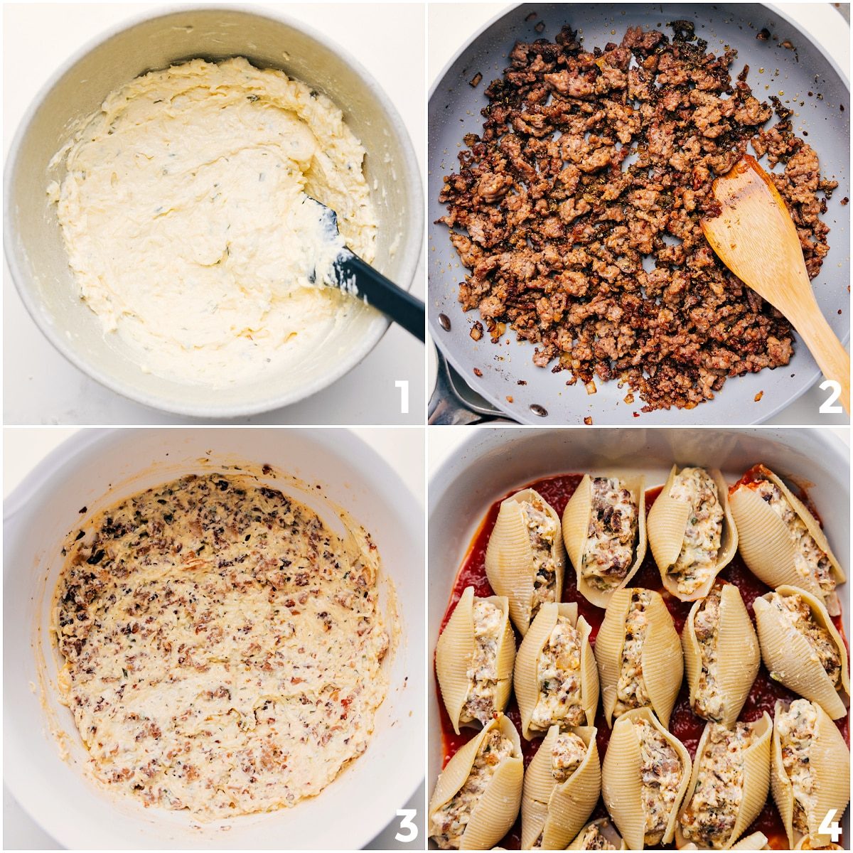Cheesy filling being mixed, sausage being browned and added, and the filling spooned into jumbo shells for stuffed shells with sausage.