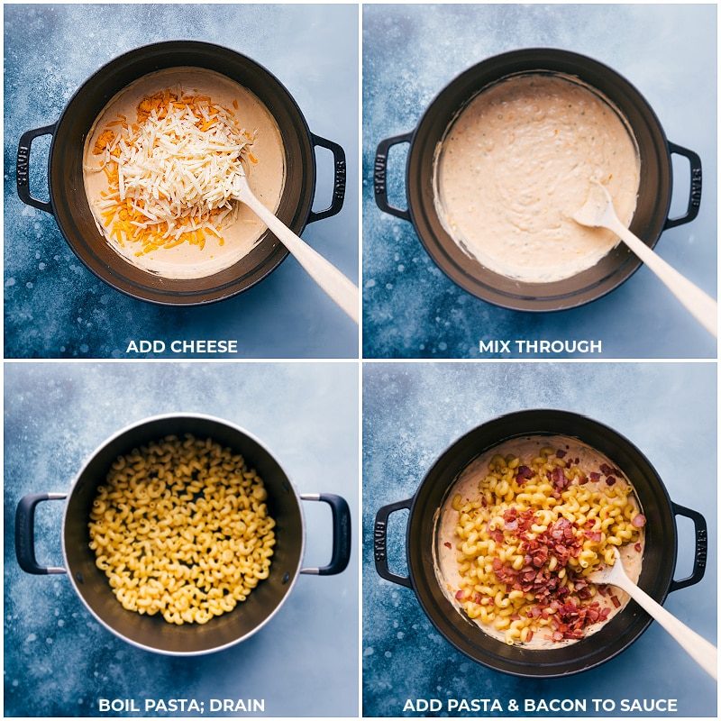 The cheese, cooked pasta, and bacon being added to the sauce.