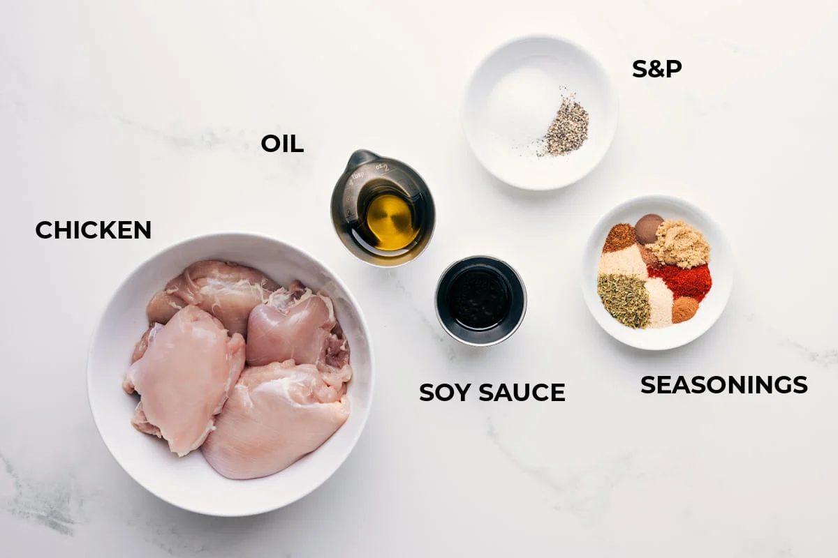 Prepped ingredients for straightforward assembly including meat, oil, soy sauce, and seasonings.