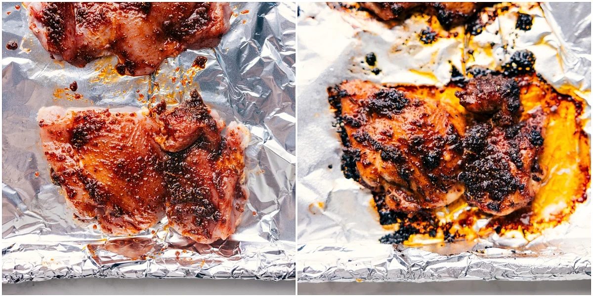 The meat being cooked to perfection in the oven.