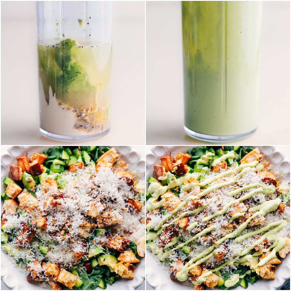 All the dressing ingredients being blended together and then it all drizzled over the assembled salad.