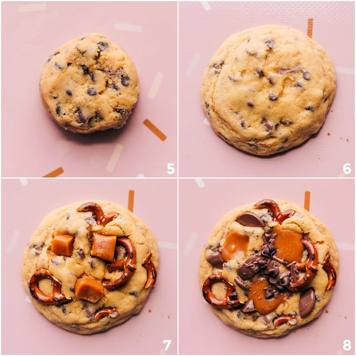 Baking up the cookies and adding in the caramel and pretzels at the end.