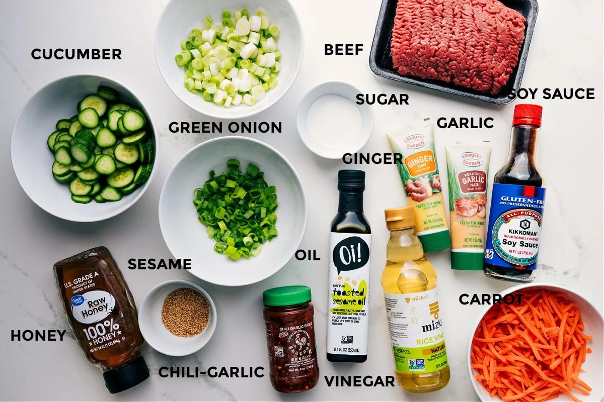 All the ingredients for this recipe are prepped and ready for straightforward assembly, including the meat, green onions, soy sauce, garlic, cucumber, ginger, carrot, vinegar, oil, chili garlic sauce, sesame oil, and honey.