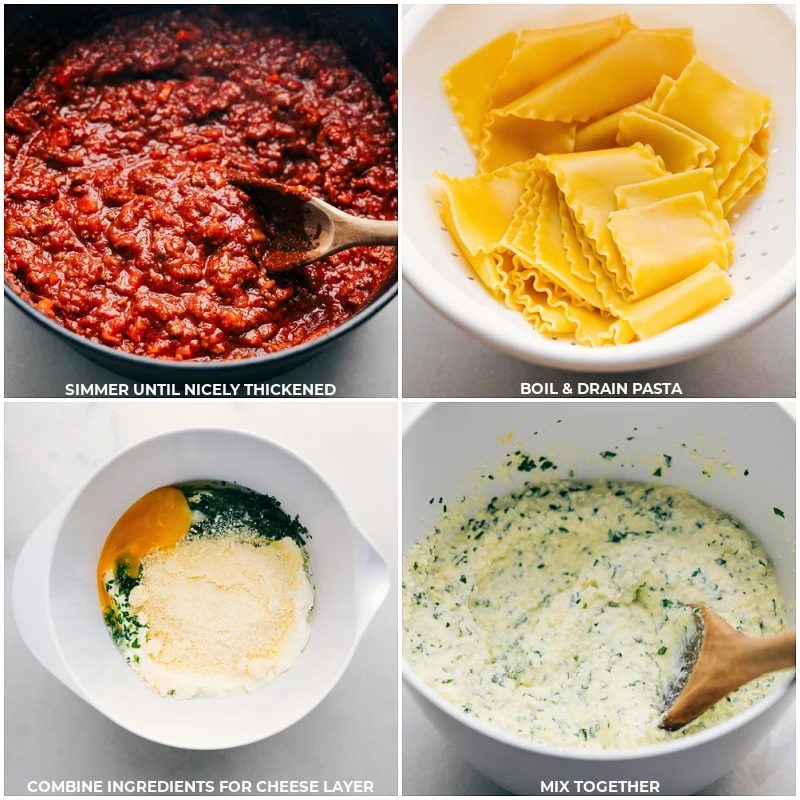 straightforward Lasagna recipe step: Cooking and draining noodles, then preparing cheese sauce.