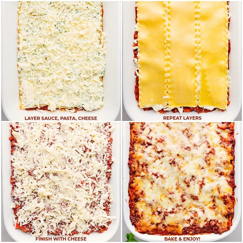 Demonstrating how to make Lasagna by layering ingredients in a 9x13 dish.