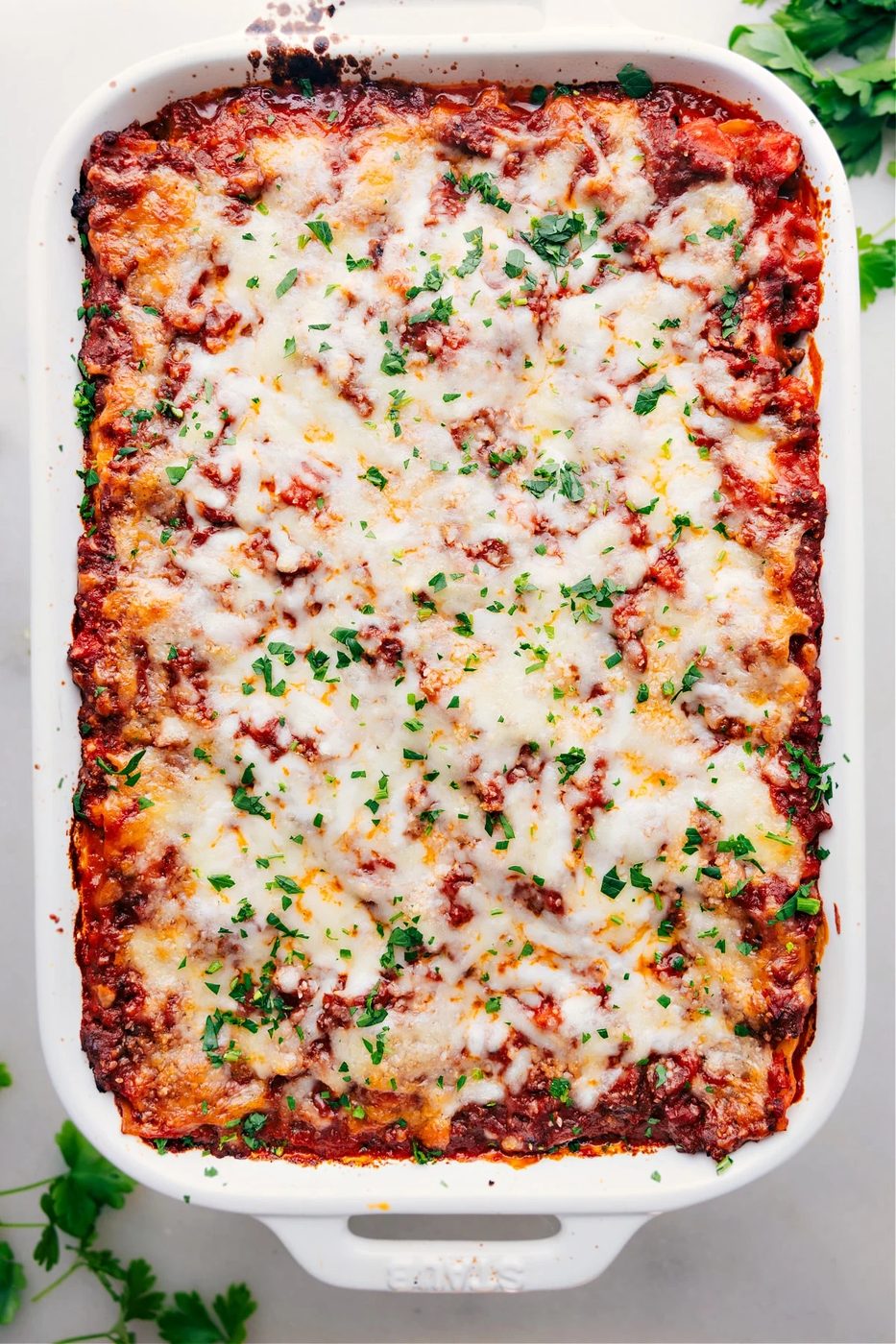 Completed Lasagna in a 9x13 dish, ready to be enjoyed.