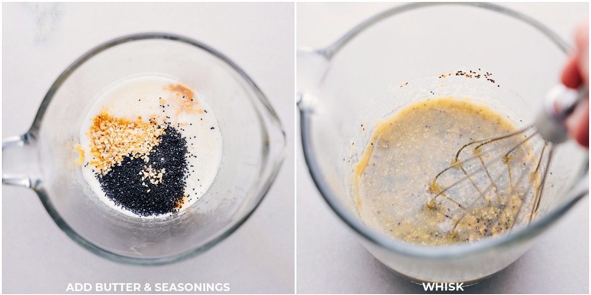 Butter and seasonings whisked together in a glass measuring cup to spread on top of the rolls.