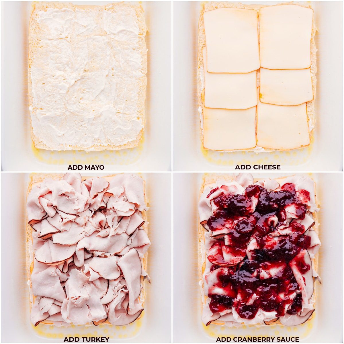 Mayo, cheese, turkey, and cranberry sauce loaded onto rolls for this recipe.