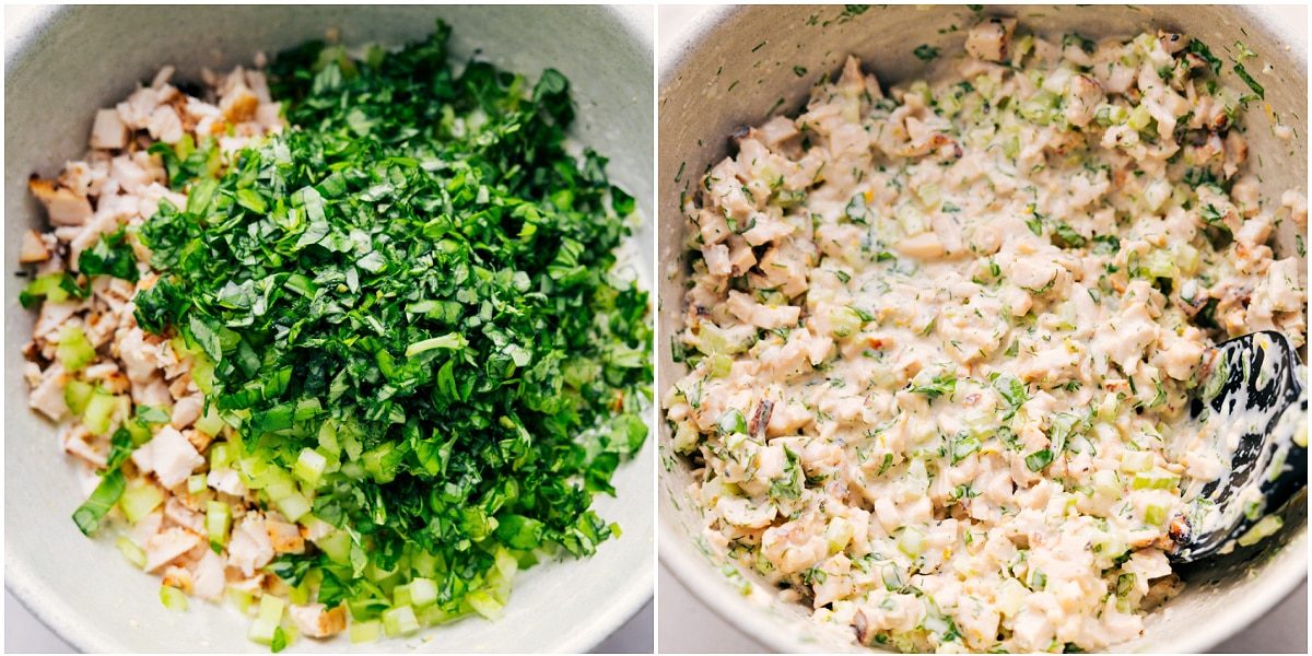 Add all the other ingredients to the bowl with the dressing and mix everything together.
