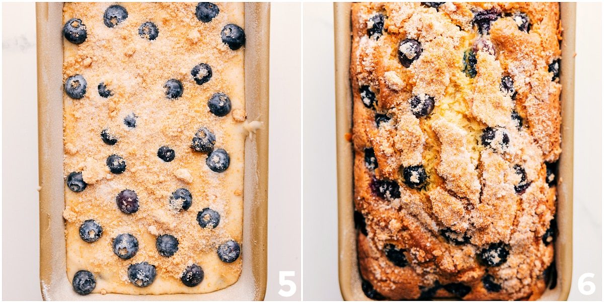 The batter in a loaf pan topped with fresh blueberries and sugar before baking.