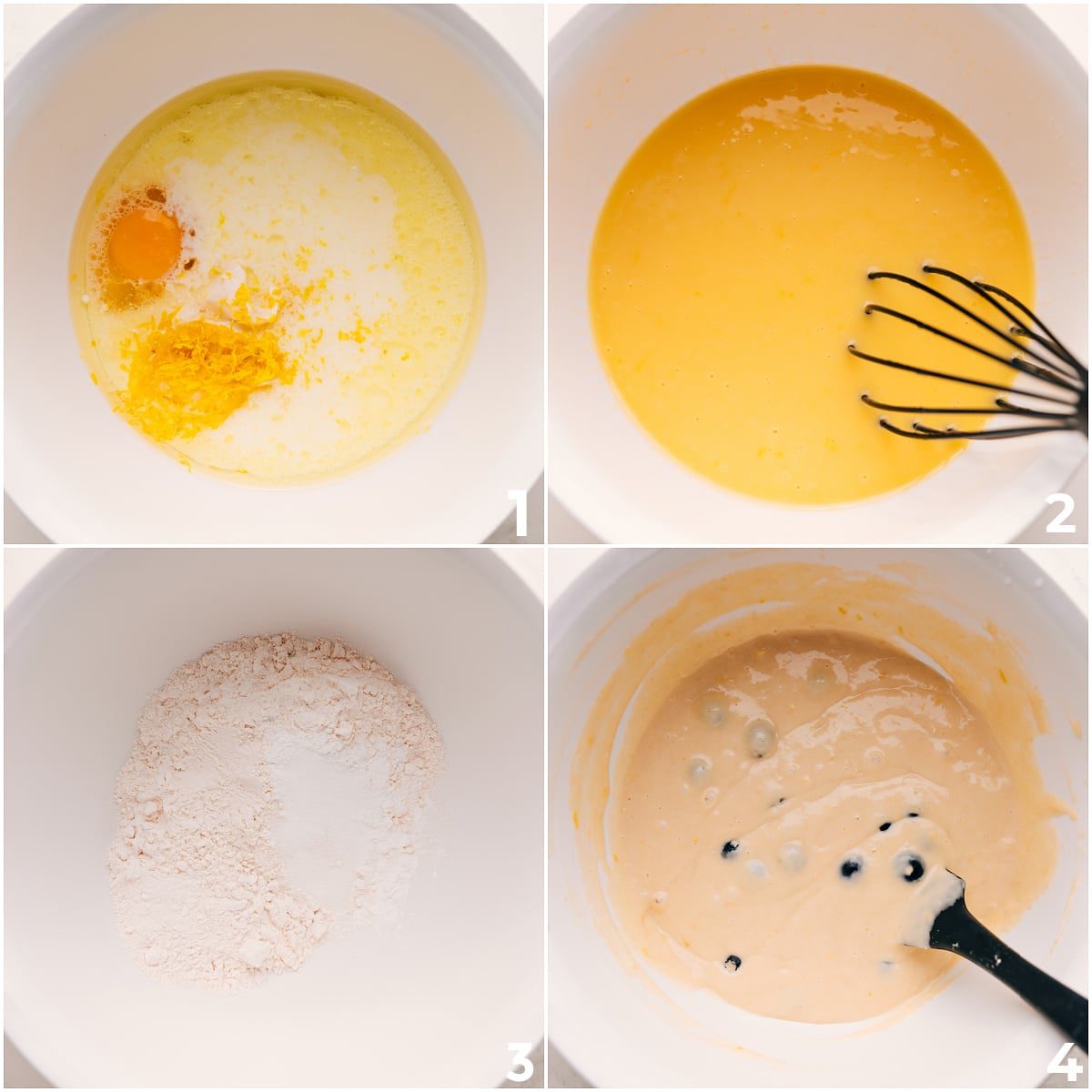 The wet and dry ingredients combined for this lemon blueberry bread.