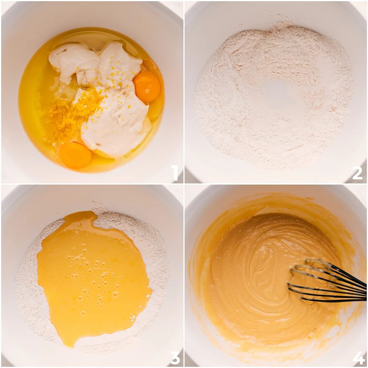 The wet and dry ingredients in this lemon bread recipe whisked together in a bowl.