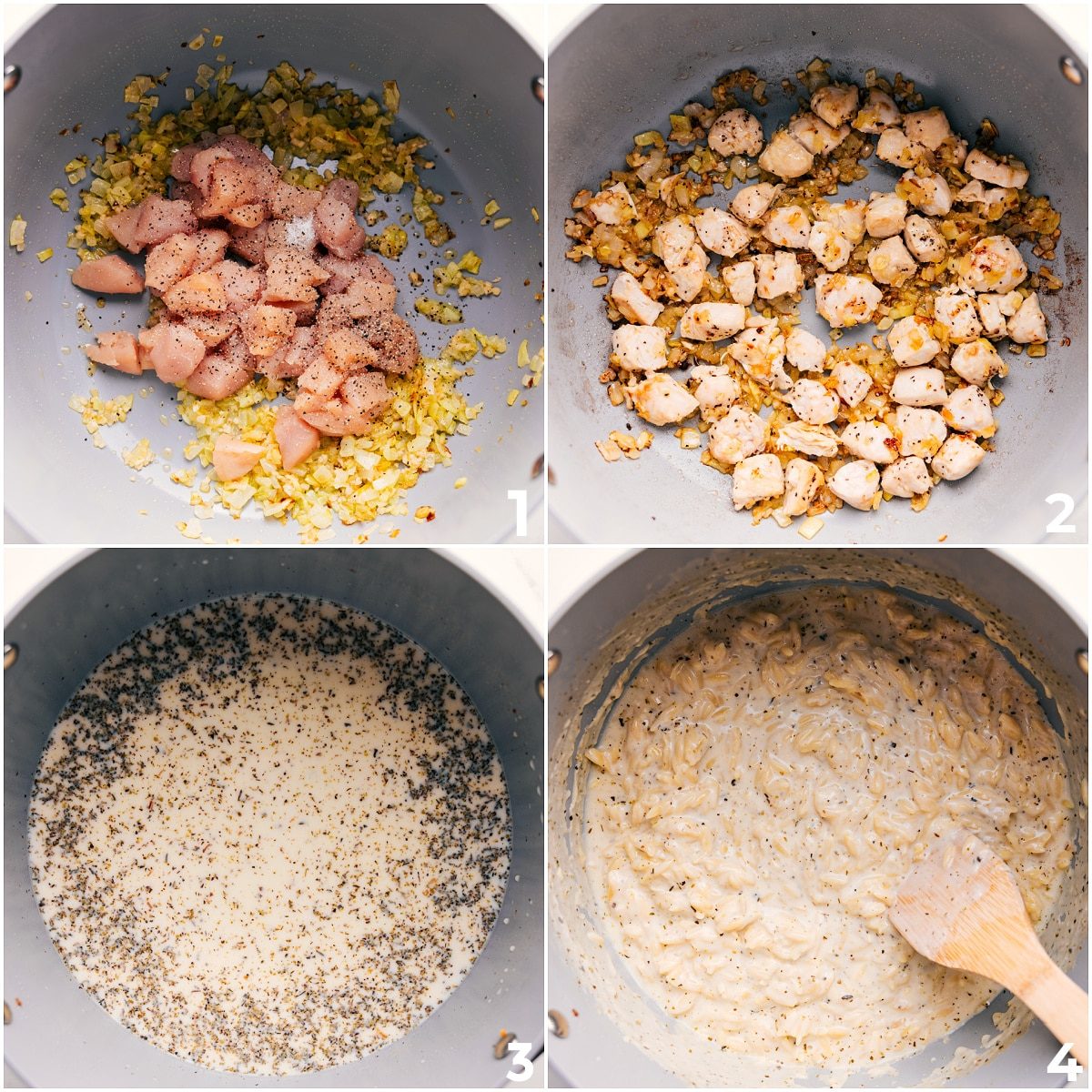 Onion and garlic sautéed in a skillet with chicken cooking through before the cream, broth, and orzo are added for this lemon chicken orzo recipe.
