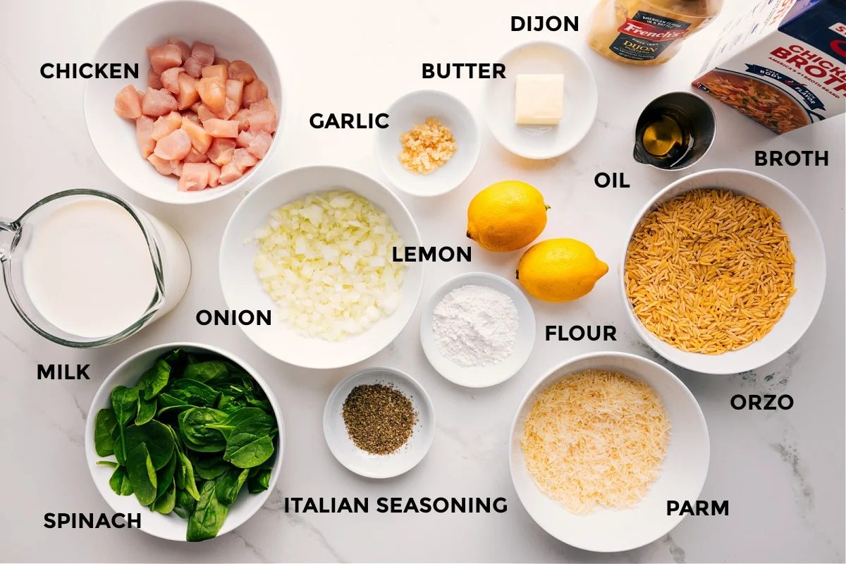 All ingredients prepped for this recipe, including chicken, orzo, spinach, garlic, lemon, Parmesan, broth, and seasonings.