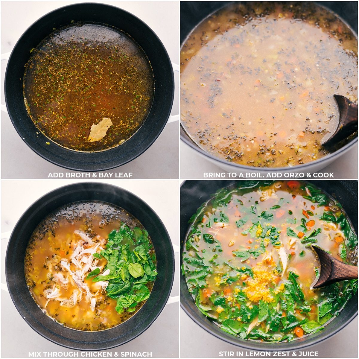 Incorporating bay leaf and stock into the pot, followed by the addition of chicken, spinach, and lemon juice and zest for making a satisfying and warming dinner.
