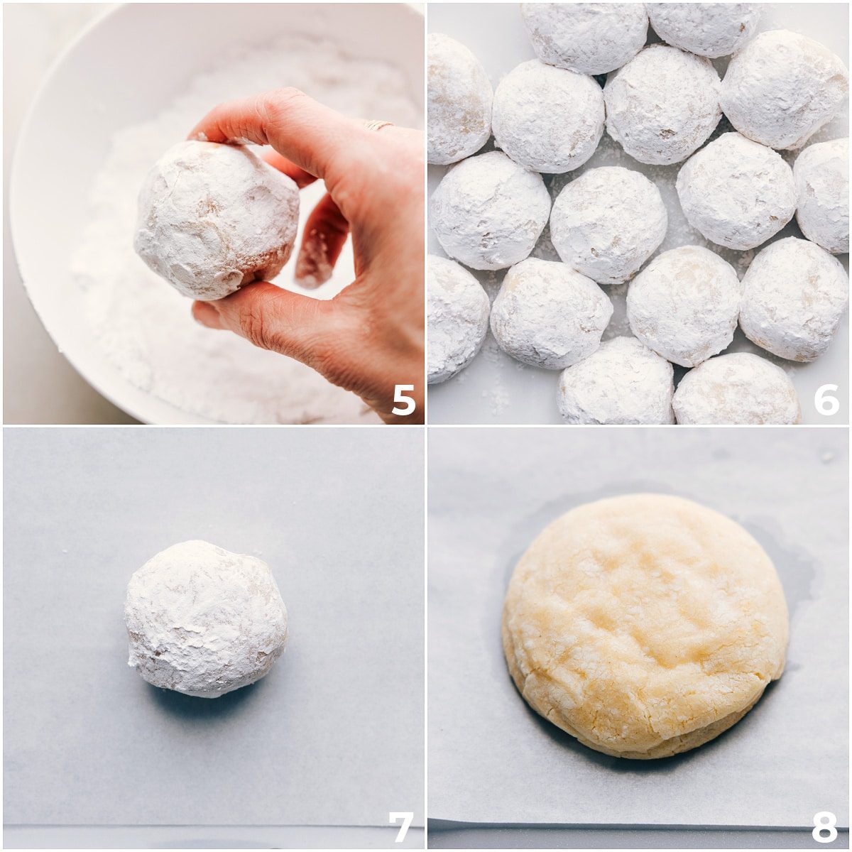The dough being rolled in powdered sugar and then baked to perfection.