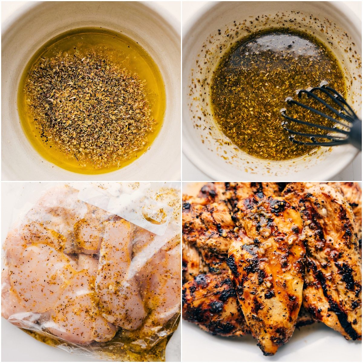 Lemon Garlic Chicken Marinade ingredients whisked together in a bowl, added to a bag with chicken to marinate, then grilled until evenly cooked.