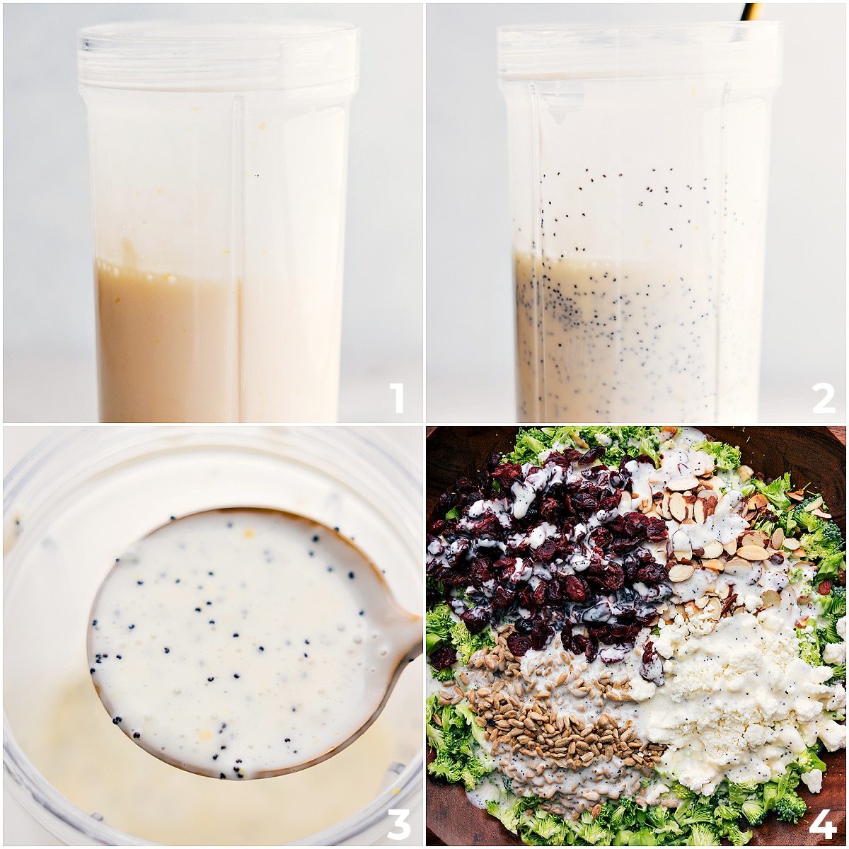 Lemon Poppy Seed Broccoli Salad dressing being made and salad assembled.