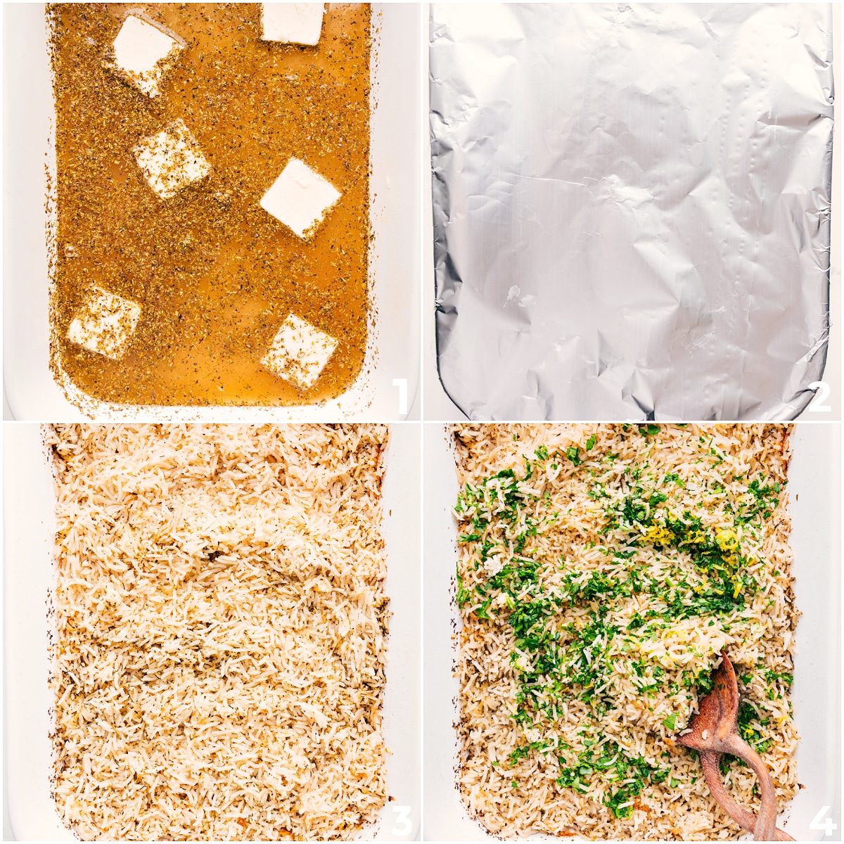 All the ingredients in this lemon rice recipe tossed together in a pan and then it covered and baked.