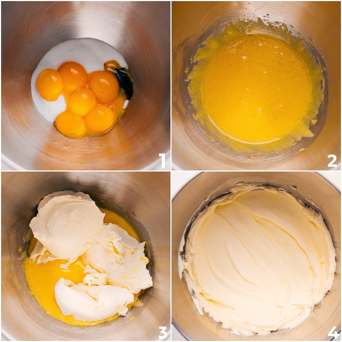 Egg yolks, sugar, and vanilla mixed together, then mascarpone added for Lemon Tiramisu.