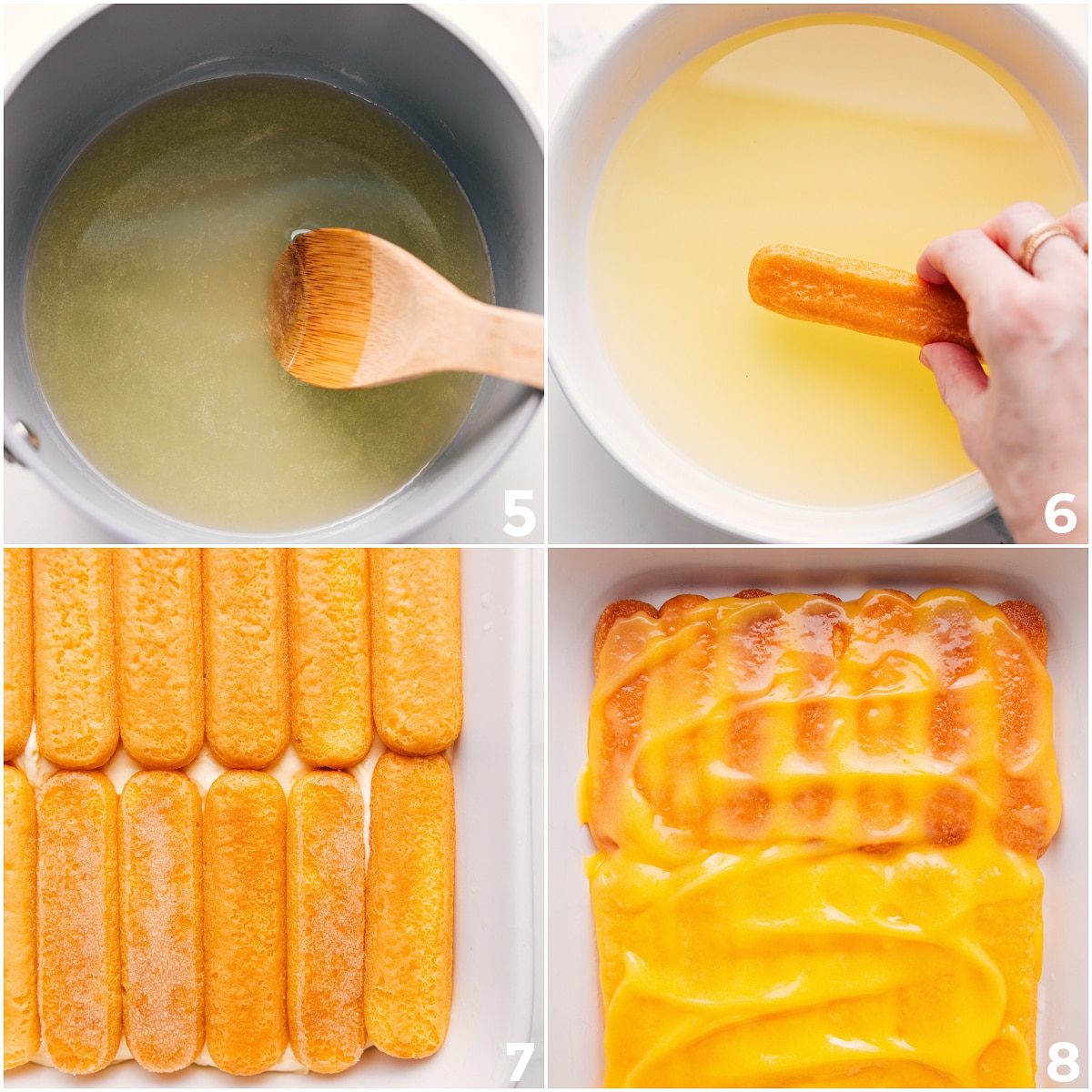 The lady fingers being dipped and the layered into a pan and then lemon curd spread over that layer.