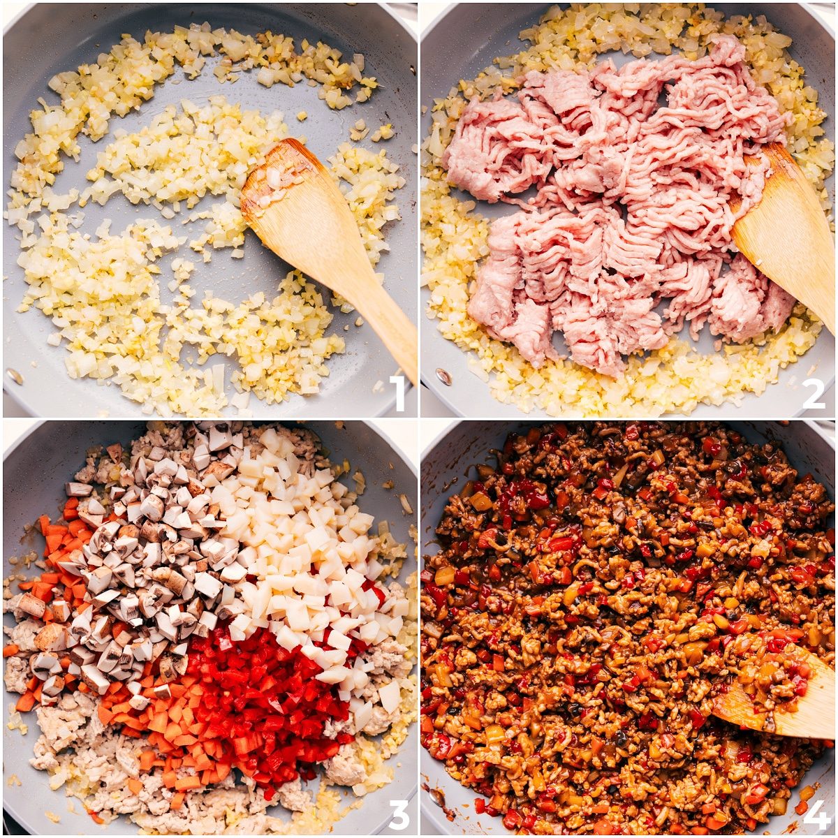 The aromatics being sautéed and then the ground chicken being browned through, with additional veggies being added in for this lettuce wrap recipe.