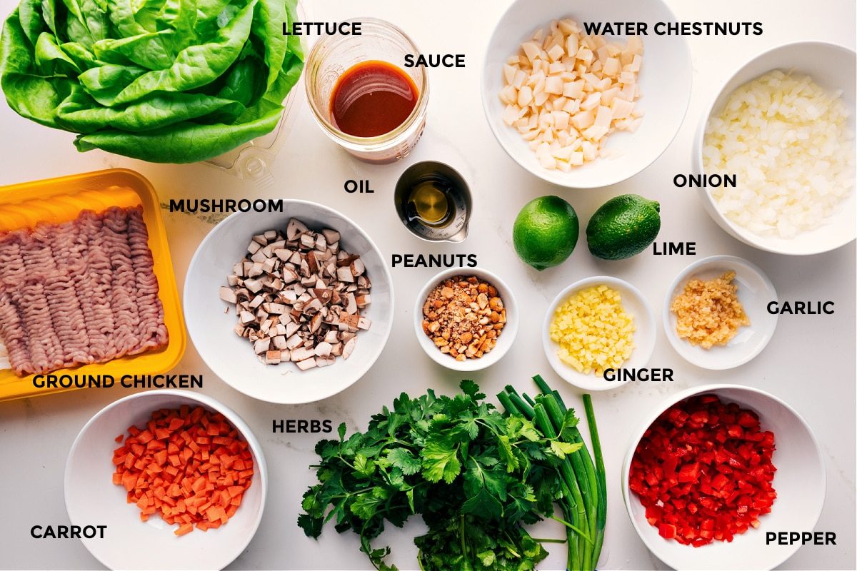 All the ingredients in this recipe prepped out for straightforward assembly including the lettuce, ground chicken, carrot, mushrooms, herbs, sauce, oil, peanuts, water chestnuts, onion, limes, garlic, ginger, and peppers.