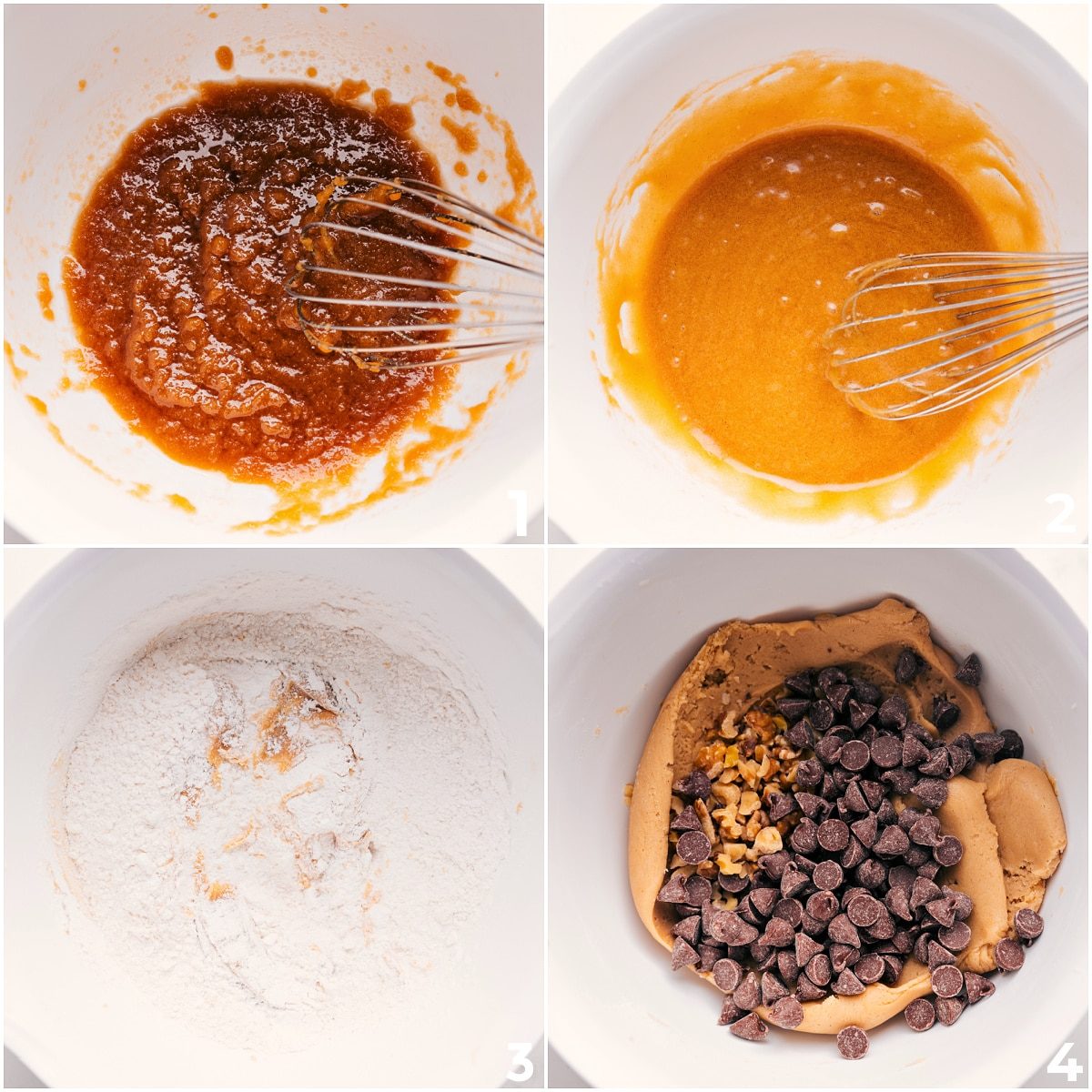 The wet and dry ingredients in this levain cookie recipe being mixed together.