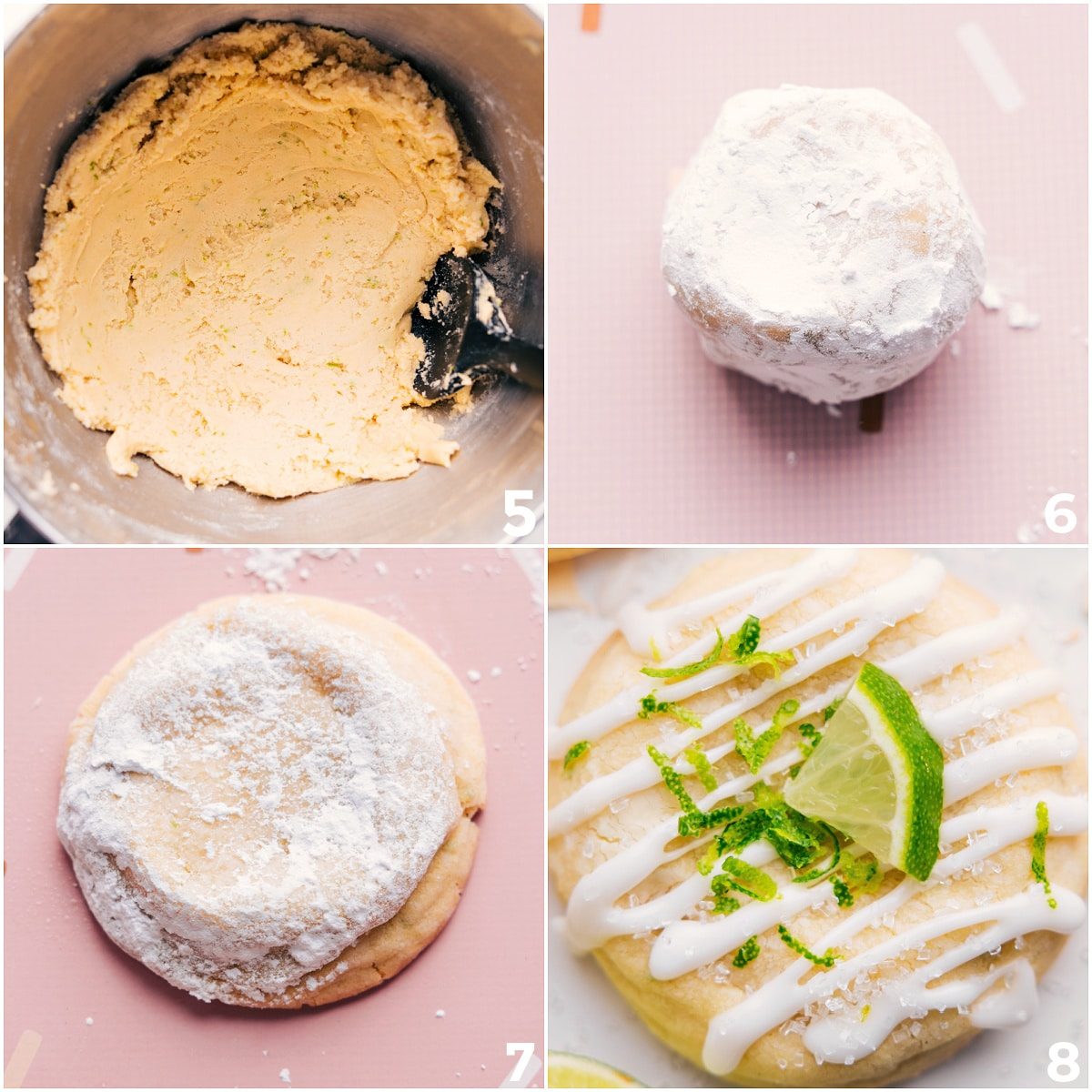 The dough being rolled into balls and then rolled into powdered sugar and baked up to perfection.