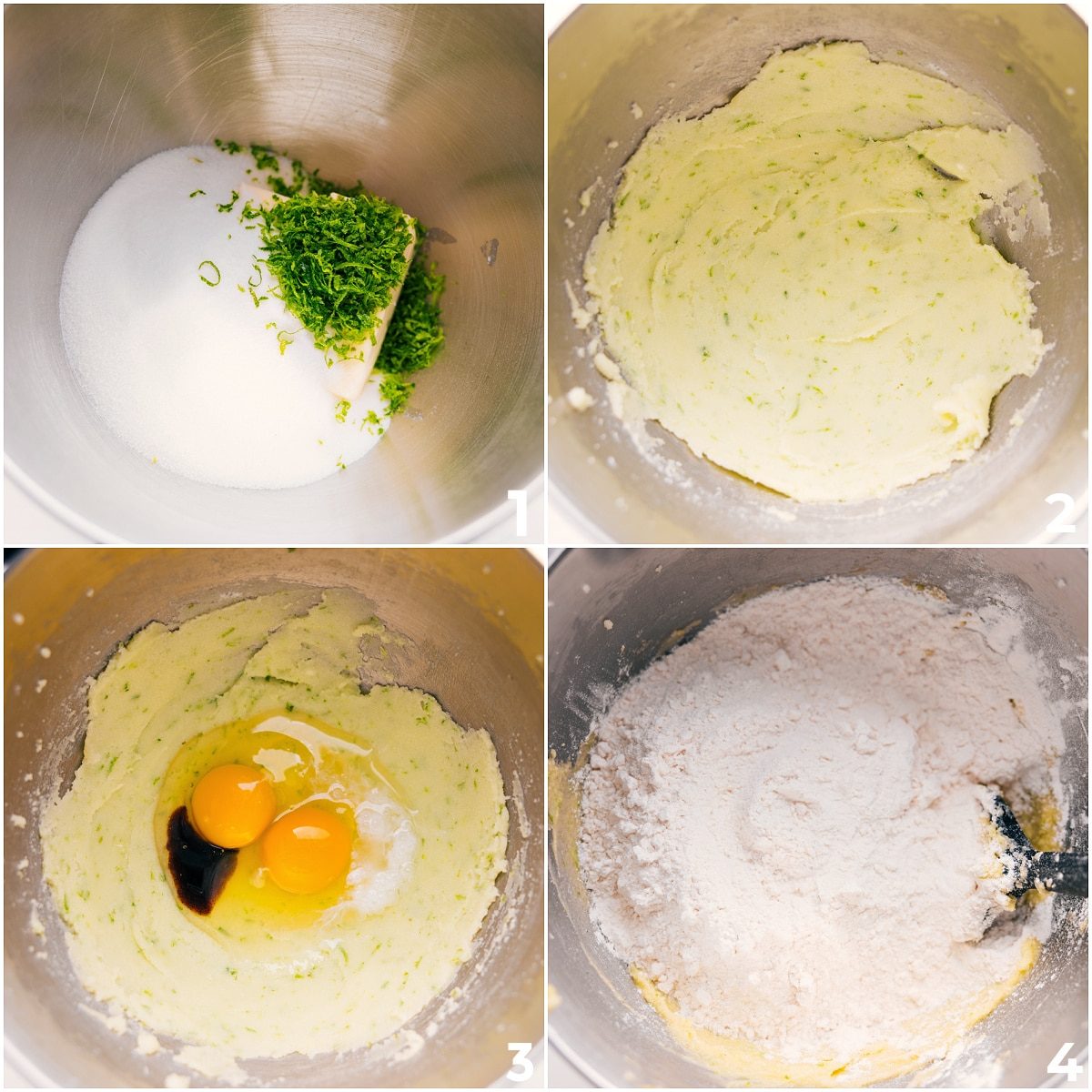 Wet ingredients in this lime cookie recipe being beaten together before the dry ingredients are mixed in.