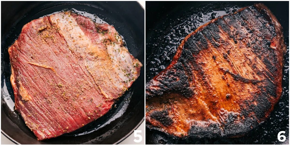 The marinated flank steak being broiled.