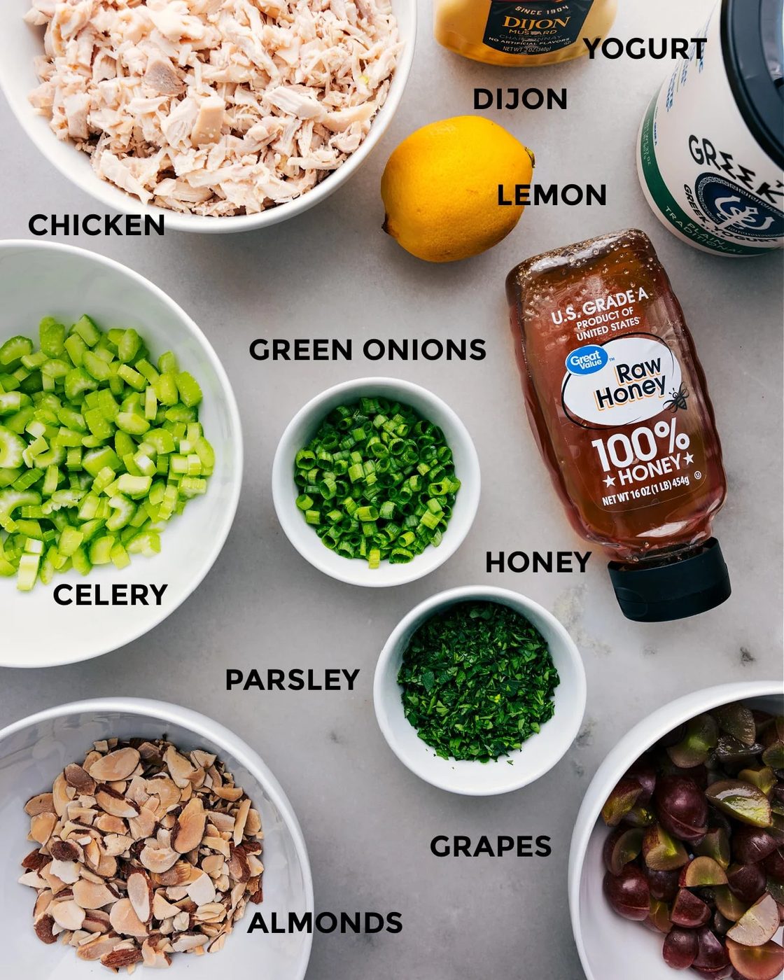 All the ingredients in this recipe prepped out for straightforward assembly.