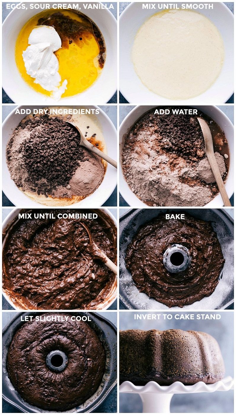 Making copycat chocolate bundt cake from scratch: mixing wet and dry ingredients, pouring into a bundt pan, and baking.