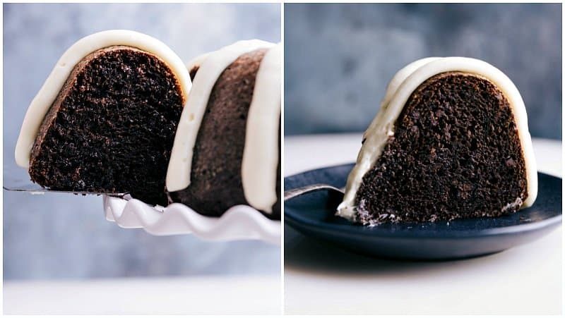 Plating a slice of satisfying chocolate bundt cake, a tempting dessert.
