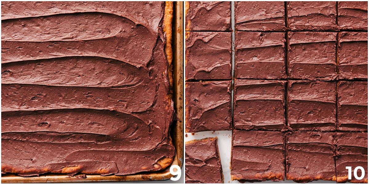 The chocolate frosting being spread on top of the lunch lady bars.