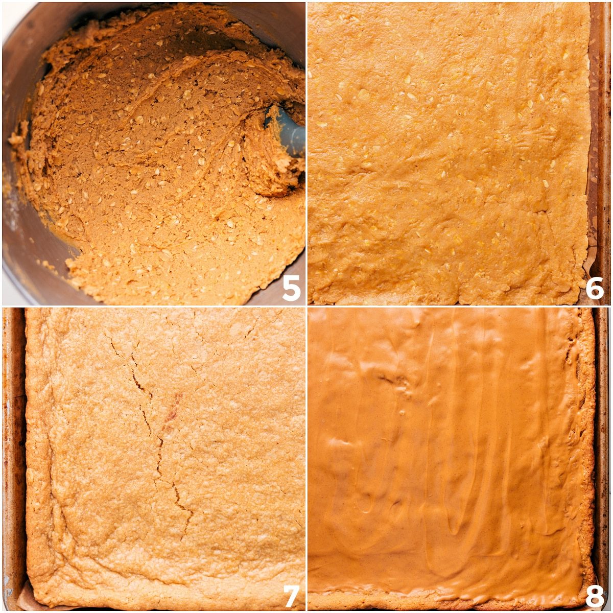 The batter being spread into a pan and baked then peanut butter being spread on top.