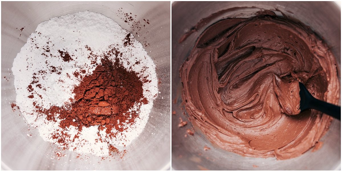 The chocolate frosting being mixed together to top these lunch lady bars.
