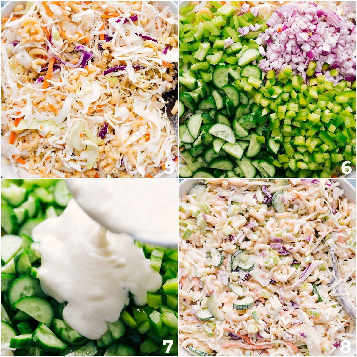 All the components of this recipe being combined in a bowl and it all being tossed together.