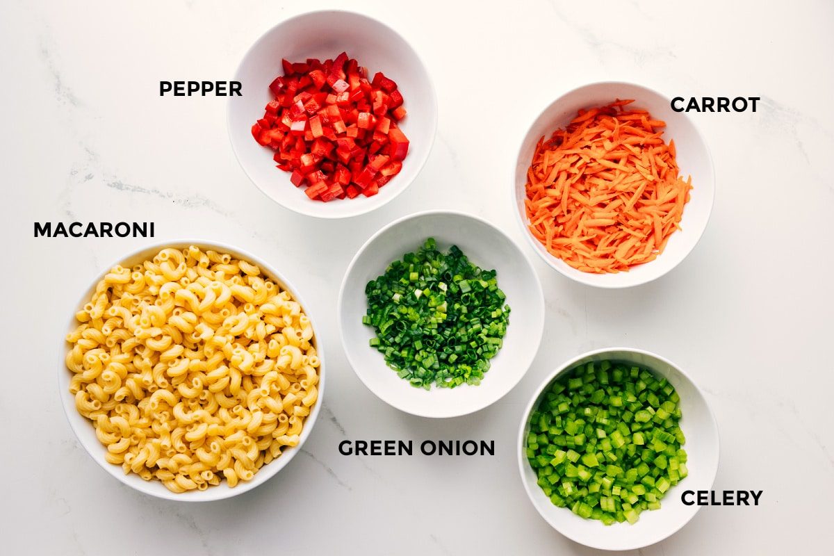 All the ingredients in this recipe prepped out for straightforward assembly including the macaroni, pepper, carrot, green onion, and celery.