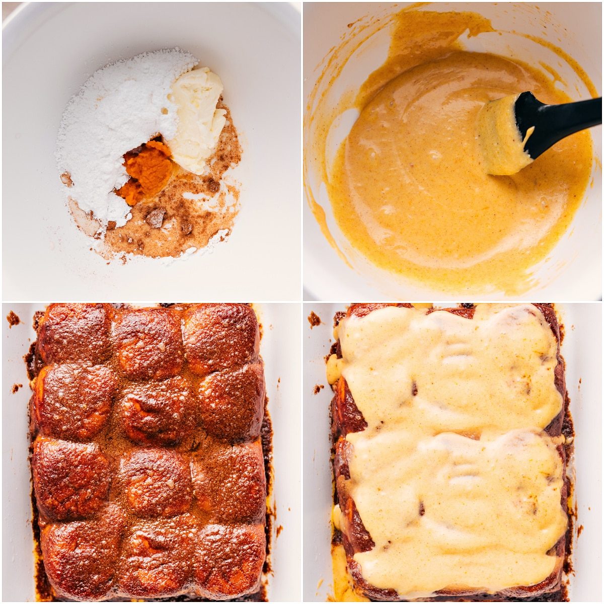 The glaze being whisked together and spread on the top rolls fresh out of the oven.