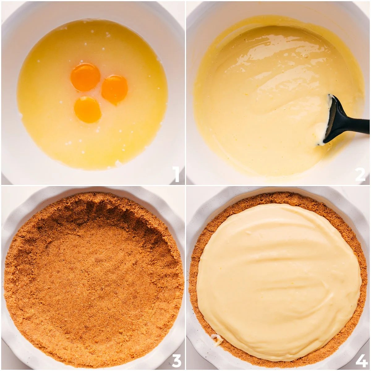 All the filling ingredients being mixed together for this lemon pie before pouring into the crust to bake.