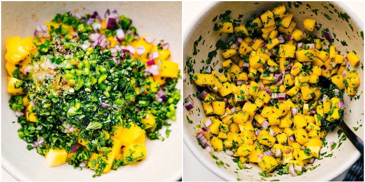 The mango salsa being mixed in a bowl to top the mango chicken.