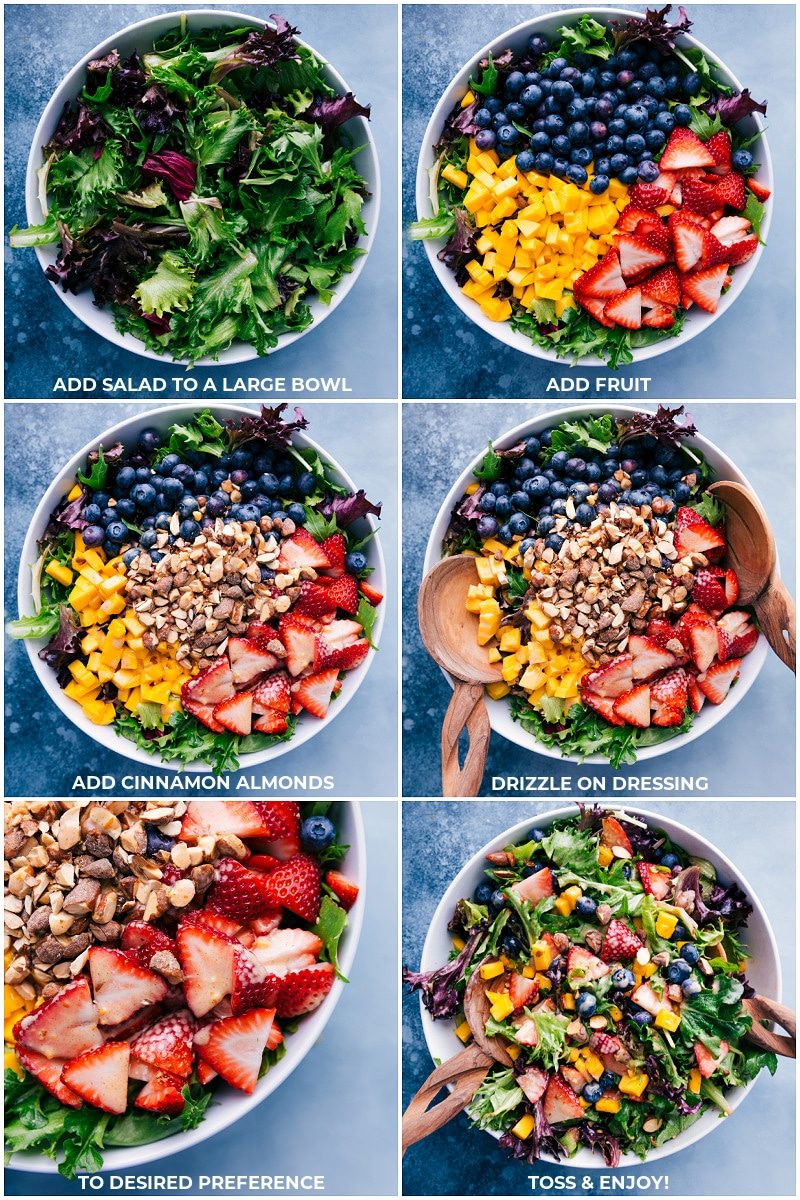 Process shots: add salad to a large bowl and add fruit; add cinnamon almonds; drizzle on dressing; toss and enjoy.